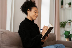 A woman writes in a notebook as part of her education and skill-building efforts in recovery.